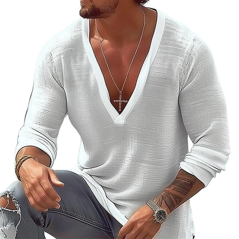 ¡¾24-hour shipping¡¿Men’s Casual Cotton Linen V-neck Loose Long Sleeve T-shirt 77010446M