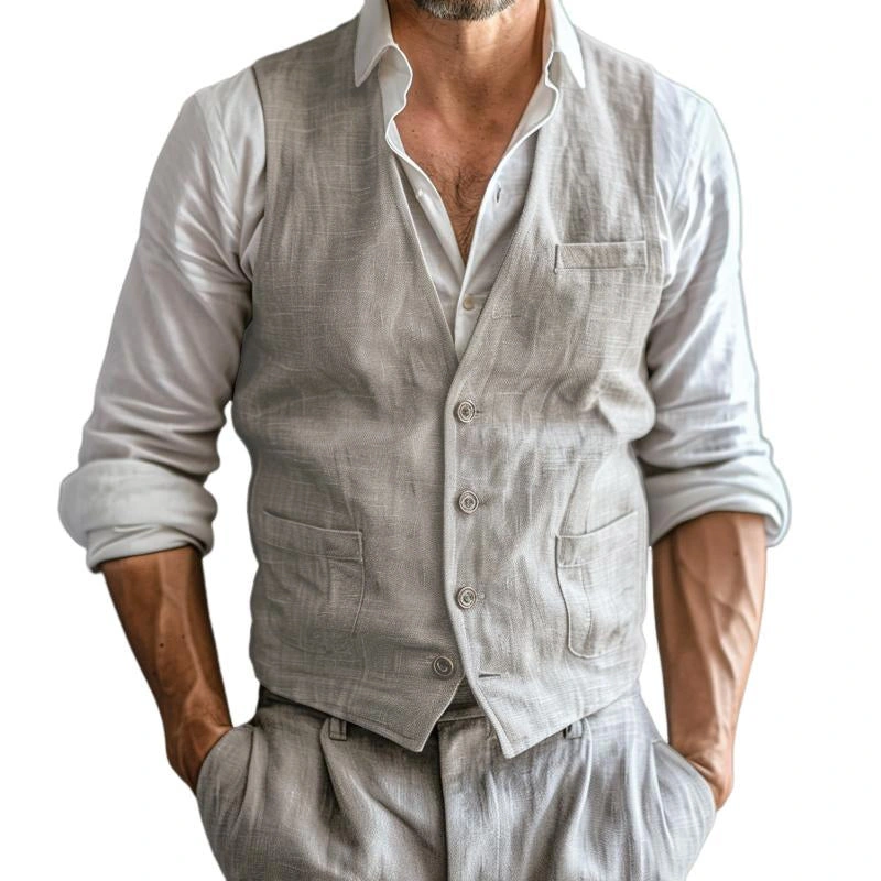 ¡¾24-hour shipping¡¿Men’s Casual Cotton Linen V-neck Single-breasted Patch Pockets Vest 65597423M