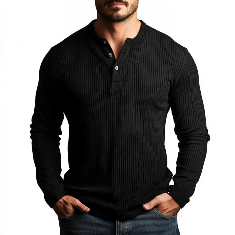 ¡¾24-hour shipping¡¿Men’s Casual Rib Stripe Henley Neck Slim Fit Long Sleeve T-Shirt 75306283M