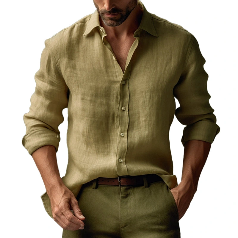 ¡¾24-hour shipping¡¿Men’s Casual Solid Color Linen Lapel Slim Fit Long Sleeve Shirt 68576086M