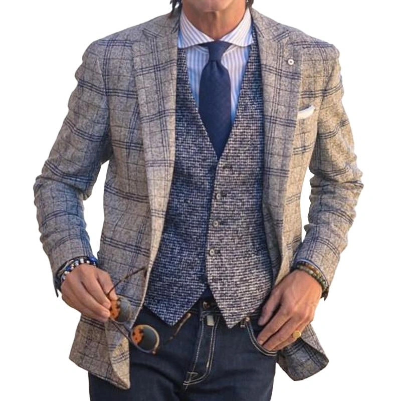 ¡¾24-hour shipping¡¿Men’s Classic Plaid Notched Lapel Single Breasted Patch Pocket Blazer 69278676M