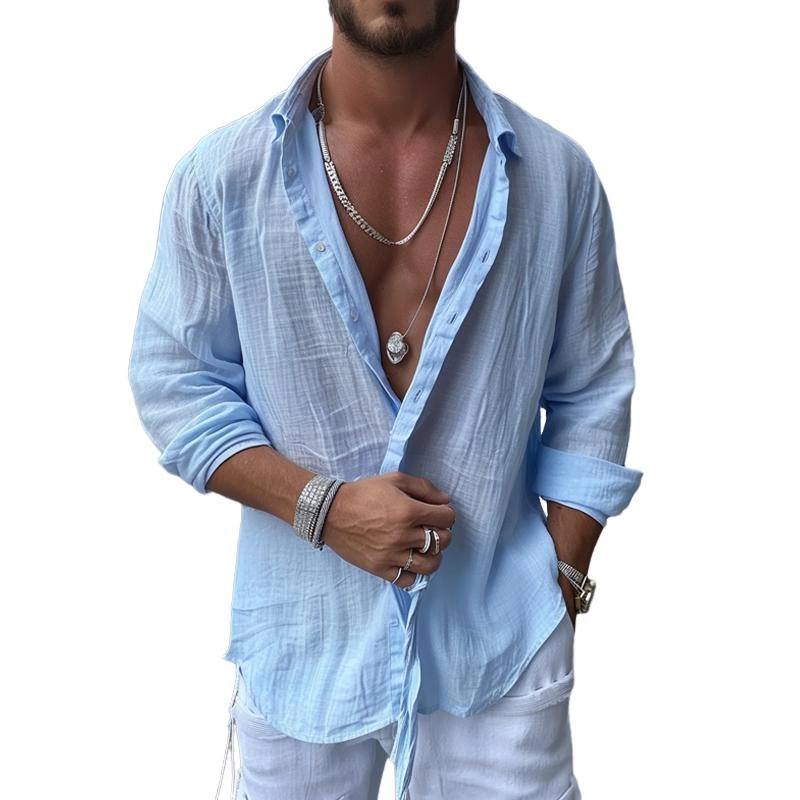 ¡¾24-hour shipping¡¿Men’s Cotton and Linen Casual Solid Color Long-sleeved Shirt 56362161X